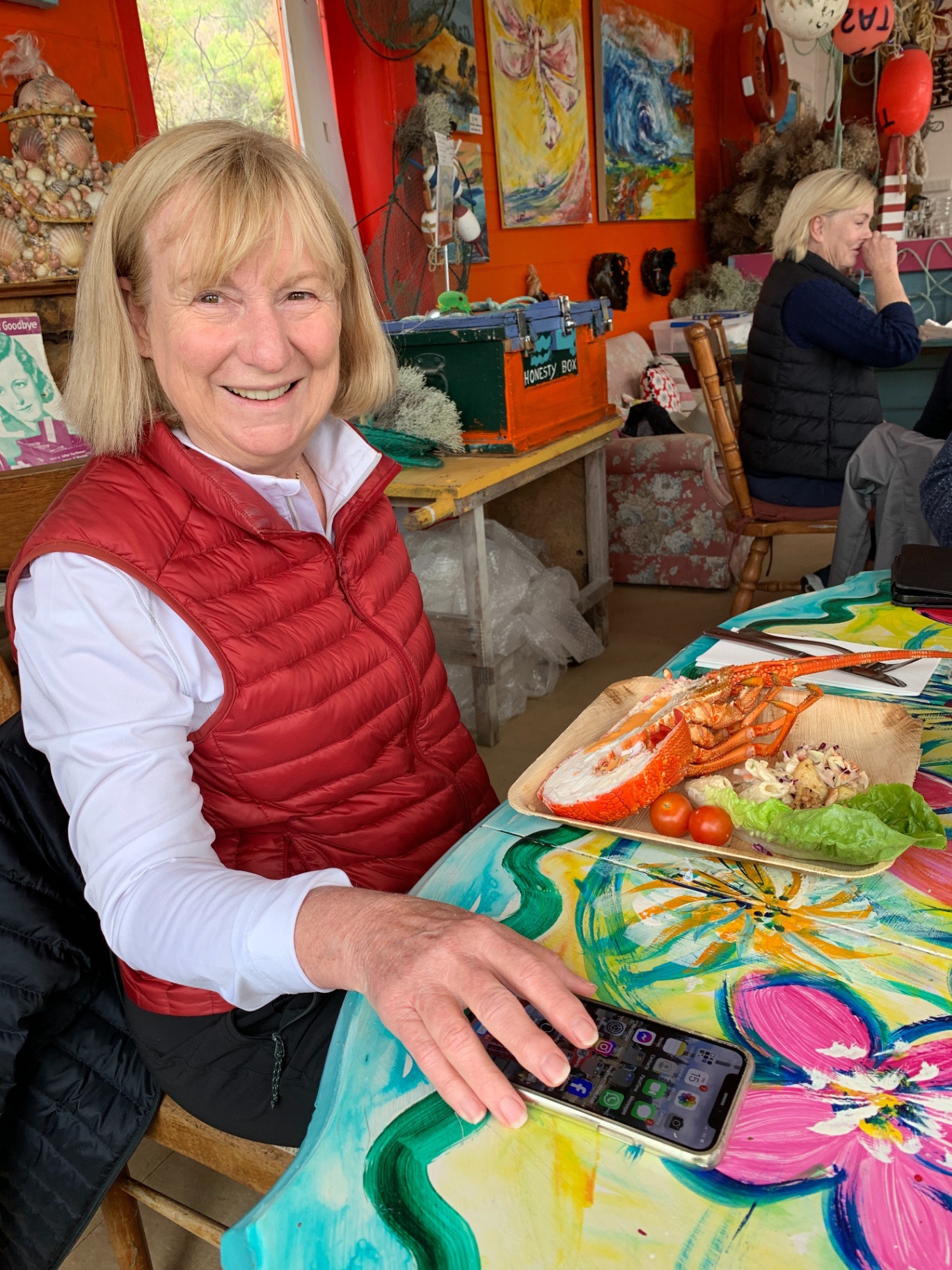 Jill Cooper enjoying a fresh lobster lunch on tour